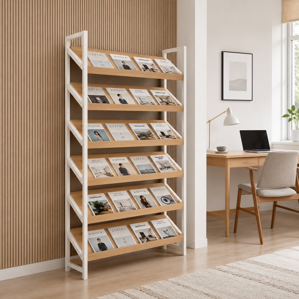 Freestanding Magazine Display Rack with Tiered Shelves