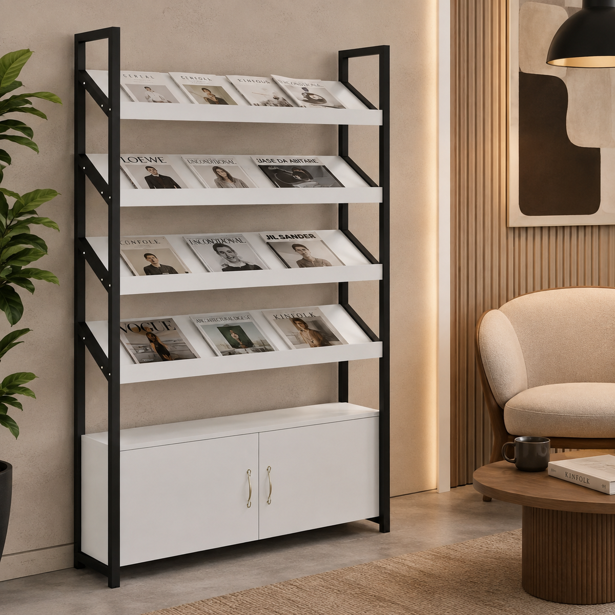 Freestanding Magazine Display Rack with Tiered Shelves