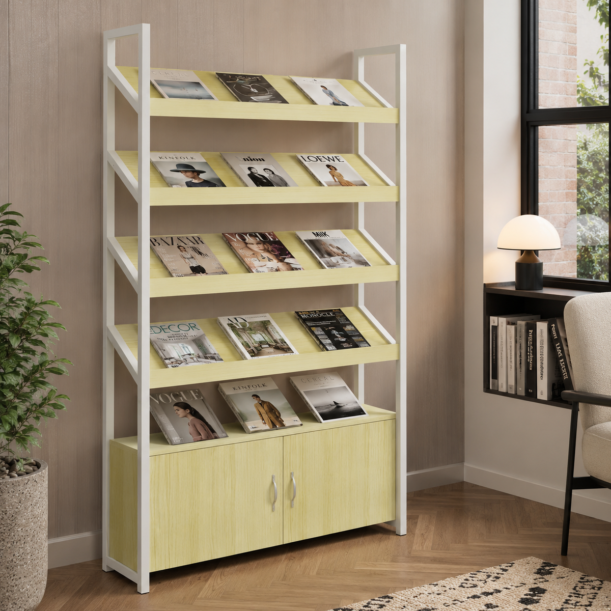 Freestanding Magazine Display Rack with Tiered Shelves