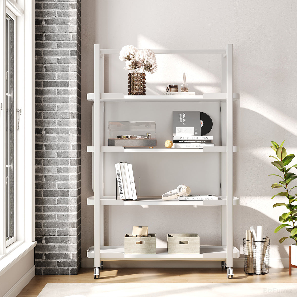 White 4-Tier Rolling Open Storage Bookshelf