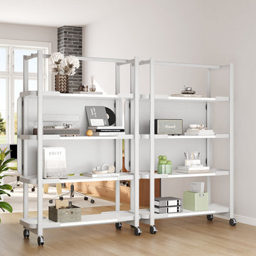 Double Wide Multi-Tier Rolling White Open Bookcase