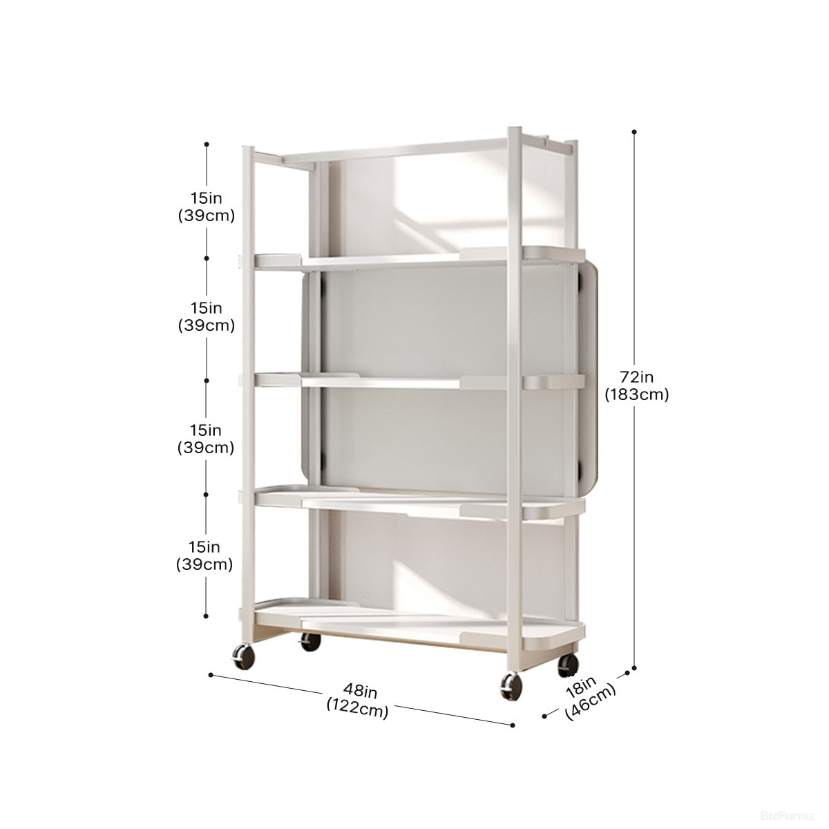 Dimension Diagram of Wheeled White Storage Organizer Rack