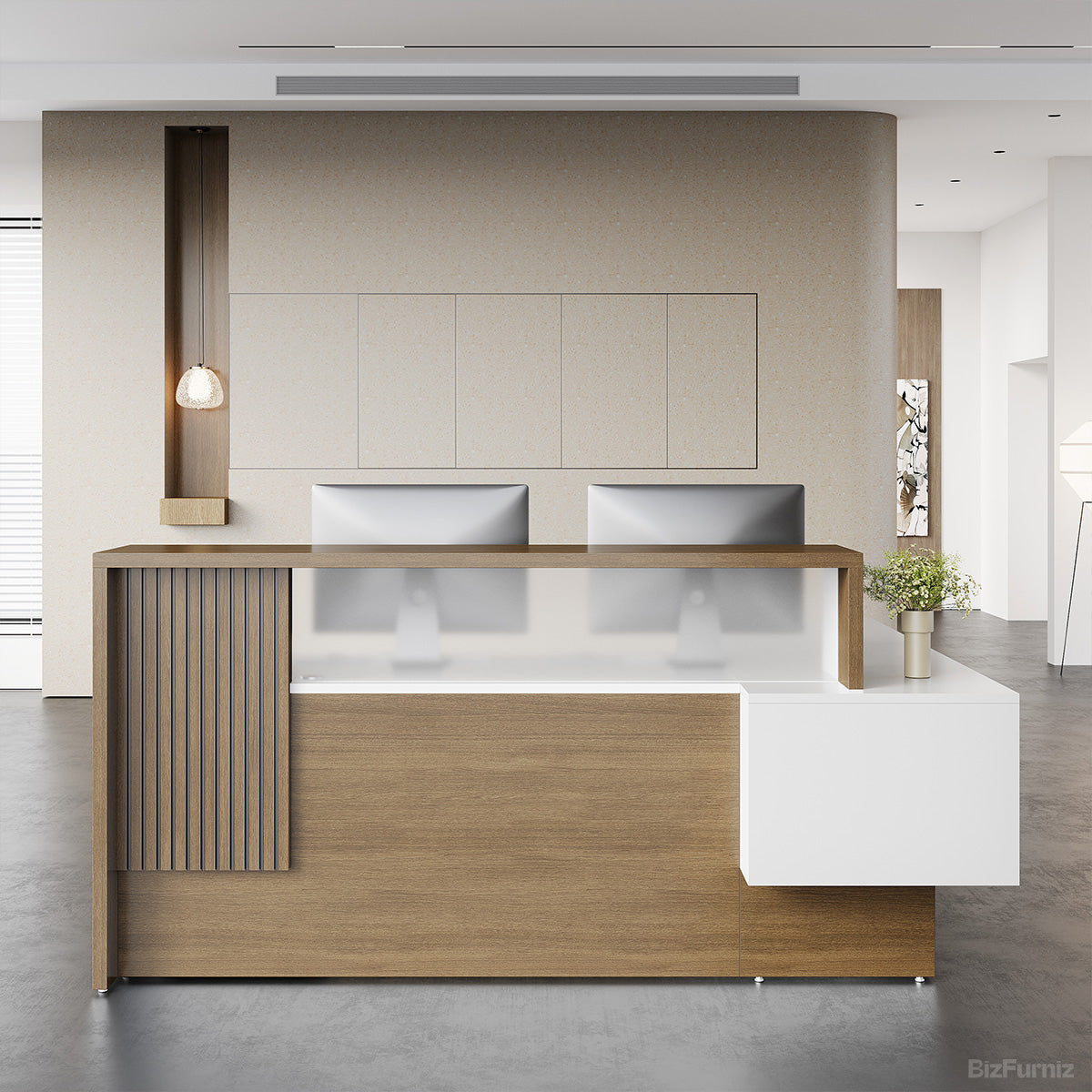 Modern Wood and White Reception Desk, Front View