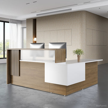Reception Desk with Fluted Wood Panel, Front Side