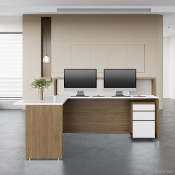 Wood and White Reception Desk, Back Angle